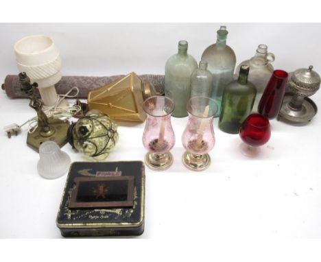 C20th Caged bubble glass ceiling light, collection of glass magic lantern slides, white marble lamp, glass bottles and other 