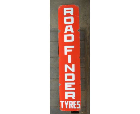 Enamel steel plate advertising sign for Road Finder Tyres, 152.5x30.5cm 