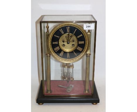 S. Marti et Cie mantle clock movement in four glass perspex case, 5" dial, textured brass recessed centre, black Roman chapte