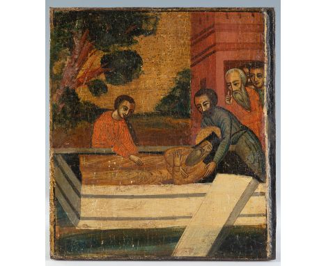 Russian icon from the late 18th, early 19th century."Burial".Painting on wood.Some lack of polychromy. Wear and tear due to u