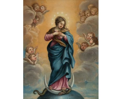 Spanish school; 18th century."Immaculate Conception".Oil on copper.It has slight repainting and damage.It conserves original 