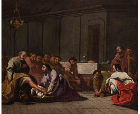 Italian school; 17th century."Christ washing the feet of the apostles".Oil on canvas.Measurements: 32 x 39,5 cm; 46,5 x 52 cm