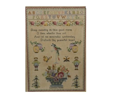 A 20th Century sampler,   in the tradition of practicing stitches and displaying ones handiwork with embroidery of insects, a