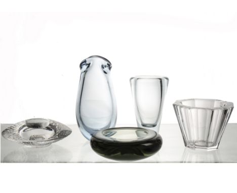 Five pieces of Scandinavian glassware,   including a Holmegaard smoked grey glass ashtray designed by Per Lutken, engraved '1