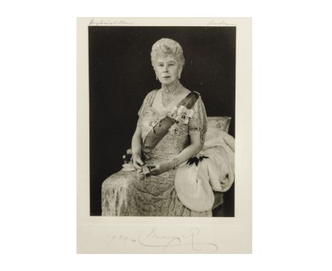 A signed portrait of Mary of Teck the Queen consort of the United Kingdom, signed and dated in pencil '1950-Mary R' 20cm x 27
