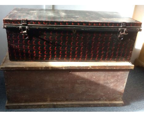 A 19th Century pine wooden trunk,  94cm x 50cm x 39cm, together with a toleware trunk, 91cm x 48cm x 30cm (2) 