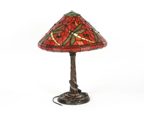 A Tiffany style table lamp and shade,  both base and shade decorated with dragonflies, height of stand before shade 55cm  