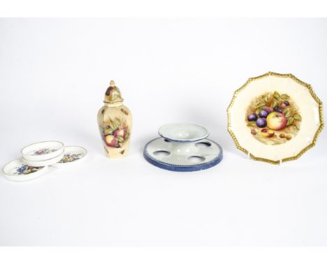 A set of six Ansley plates, with fluted gilt rims, decorated with painted fruit, with a similar pot, small dish and lidded va