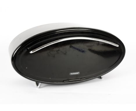 A retro 'Typhoon' oval black enamel bread bin, with a chromed handle pull down front, standing on four feet, 25cm x 46cm x22c