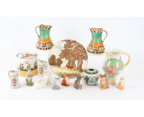 Two Myott art deco hand painted jugs,  height 17 cm, together with a 19th Century putti figure in the manner of Derby, height
