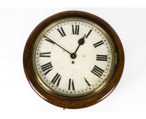 A mahogany wall clock,  double fusee movement, circular in shape with white enamel dial and roman numerals, diameter approxim