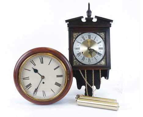A single fusee circular wall clock,  with plain enamel dial and roman numerals, diameter 31cm, together with another wall clo