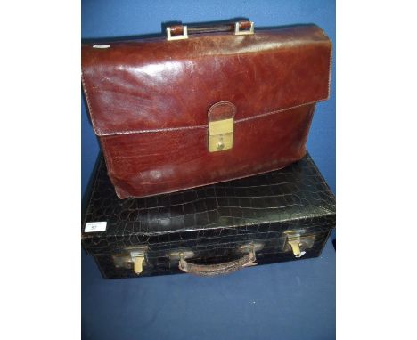Army and Navy O.S.L makers London leather crocodile skin effect travelling case with silk lined and fitted interior stamped `
