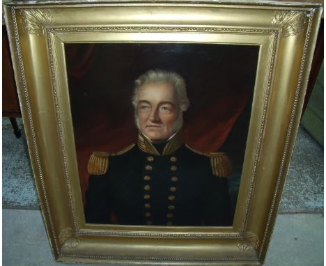 Heavy gilt framed oil on canvas portrait of a senior rank Naval officer signed Jasper Brett 1909 (88cm x 101cm) 