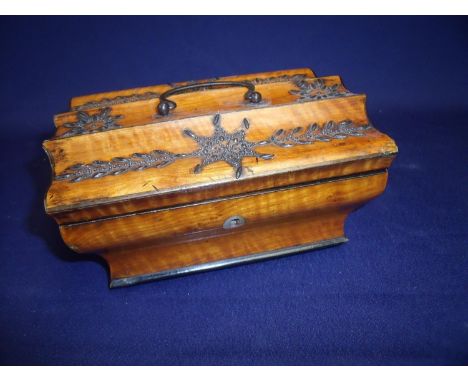 19th C satinwood sewing box with hinged lift up shaped top with studded detail revealing mirrored fitted interior with lift o