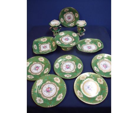 Crown Staffordshire green and gilt floral pattern part tea service comprising of comport, soup, two serving platters, three s