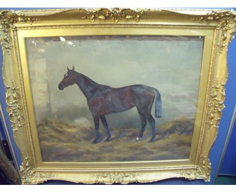 Heavy gilt framed oil on canvas portrait of a horse in stable with stenciled title "Honeys" signed Imogen Collier (Imogen Mar