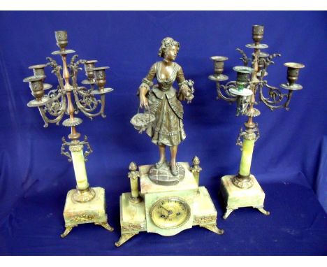 Late 19th C French onyx and spelter mantle clock set, the gilt faced clock inscribed Letteron Poitiers crested with a figure 
