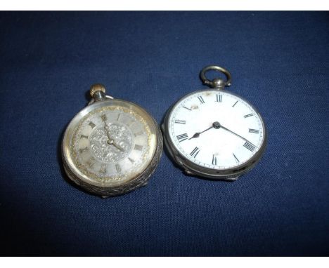 Two ladies silver hallmarked cased pocket watches, one with engraved dial, the other with enamel dial 