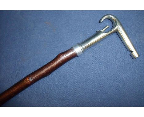 Early to mid 20th C shepherd's stick with plated whistle and clip handle stamped `patent Blackwells' (length 105cm) 