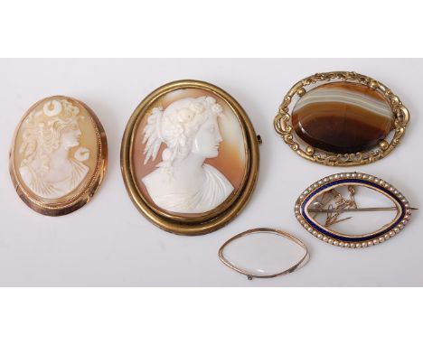 A carved shell cameo brooch depicting a profile portrait of a maiden, 5 x 4.2cm, in pinchbeck mount, with safety chain; toget