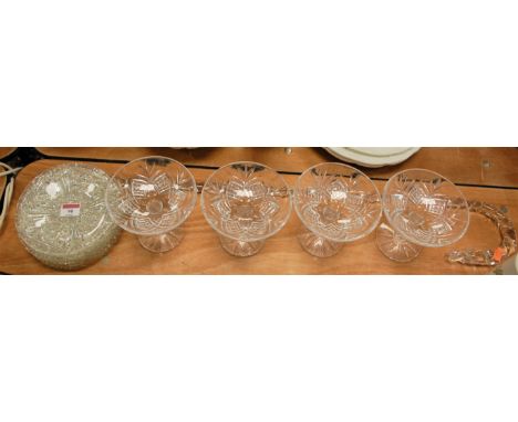 A modern clear glass walking cane in the Nailsea style together with a set of four cut glass pedestal bowls and various cut g