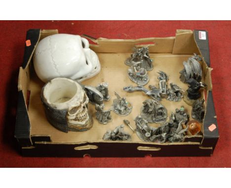 A box of miscellaneous items to include various pewter figures, Old Father Time, Fairy Companion, The Mirror of Truth, togeth