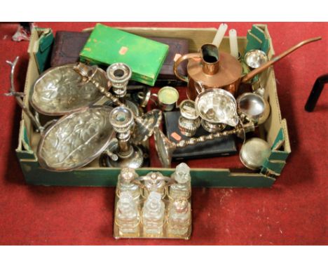 A box of miscellaneous metalware, to include silver plated six bottle cruet, pair of Old Sheffield Plate table candlesticks, 