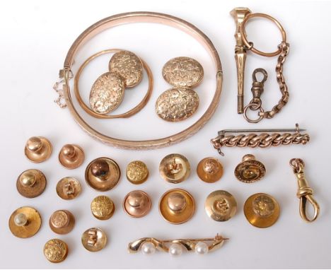 A bag of assorted scrap gold, yellow metal, and gilt metal, to include hinged bangle, collar studs, cufflinks, bar brooch etc
