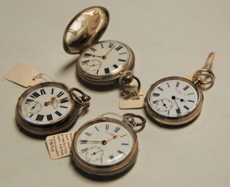 Four various gents silver cased keyless pocket watches to include one full hunter example, each having white enamel dial, sub