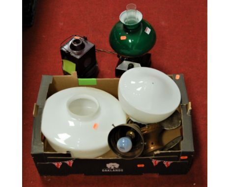 A brass ceiling light fitting with opalescent glass shade together with one other handheld lantern, oil lamp, etc
