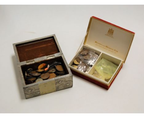 Two boxes of miscellaneous British pre-decimal and world coins, to include copper pennies, Elizabeth II crowns etc; together 