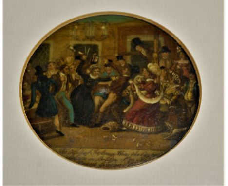 A 19th century lacquered snuff box lid of circular form depicting an interior scene, dia. 8cm, in modern frame with letter of