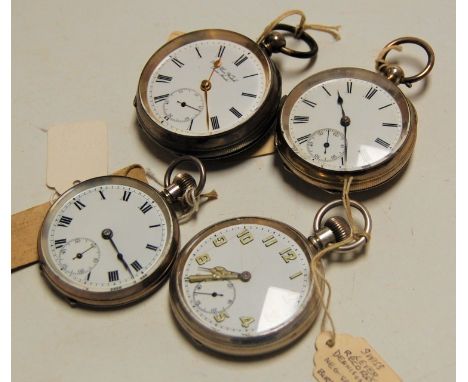 Four various gents silver cased open face pocket watches to include The Swiss Made Plan Watch, one other keywind example, and