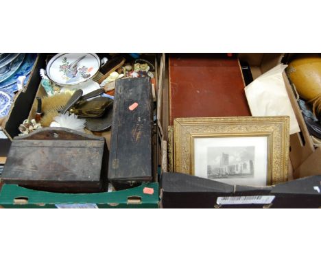Two boxes of miscellaneous items to include a 19th century engraving of St Gregory's Church, Sudbury, novelty postcards, Germ