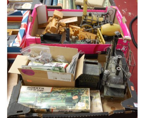 Two boxes containing a collection of model railway related items, to include Hornby scenery, Airfix, Harrow locomotive kit et