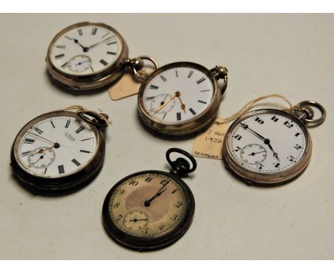 Five various gents silver cased open face pocket watches, three being keywind examples, and with unsigned white enamel dials,