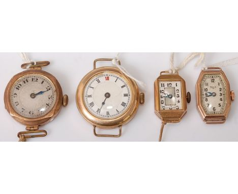 Three vintage lady's 9ct gold cased mechanical wristwatches, to include two tank examples; together with one other gold plate
