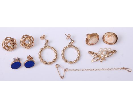 A pair of 9ct gold wirework ear studs; together with a pair of 9ct gold simulated bamboo hoop ear pendants; a pair of 9ct gol