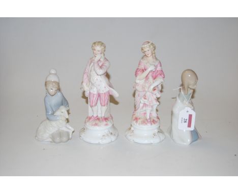 A Lladro figure of a child and lamb, having printed mark verso, h.15cm; together with a Lladro figure of a kneeling girl, and