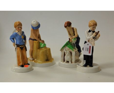 A collection of four Royal Doulton figures to include 'Childhood Days, I'm nearly ready' HN2976; Stick 'em up HN2981, As good