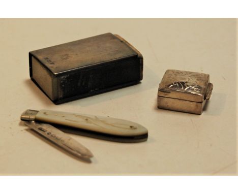 A Victorian fruit knife, having folding silver blade and mother of pearl handles; together with an Edwardian silver matchbox 