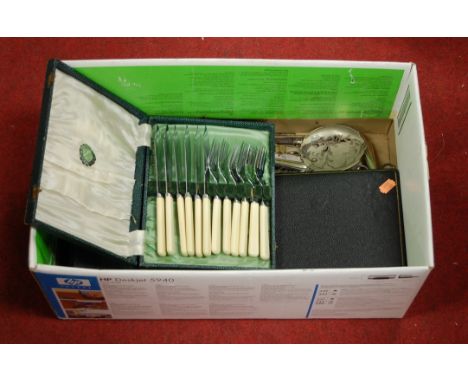 A box of miscellaneous silver plated flatware, to include a cased set of six fish knives and forks, a cased set of six mother