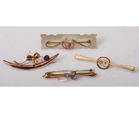A 9ct gold, white sapphire and seed pearl set bar brooch; together with two other 9ct gold semi-precious set brooches, gross 