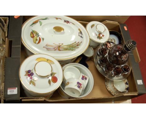 A box containing a collection of glassware and ceramics, to include Royal Worcester Evesham Gold, and a coloured glass cordia