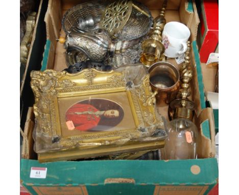 A box of miscellaneous items to include reproduction portrait, silver plated chocolate pot etc