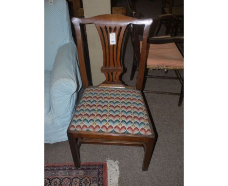 A single 19th Century mahogany dining chair with shaped cresting rail and pierced vase-shaped splat, the drop-in seat upholst