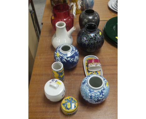 A large damaged cranberry glass jug, inscribed 'Tillie 1892'; together with an inhaler; two ginger jars; sundry decorative ch