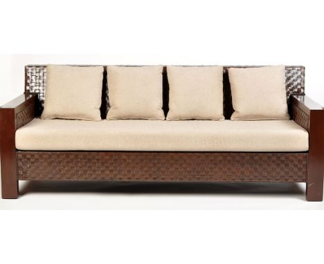 A 'Dominic' three-seater sofa, laminated leather effect finish, abaca rope detail with stained wood arms and rectangular beig