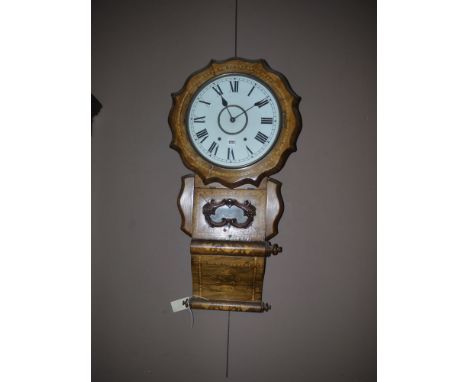 A large Victorian inlaid wall clock, with circular dial with roman numerals within an inlaid frame and inlaid case, with cent